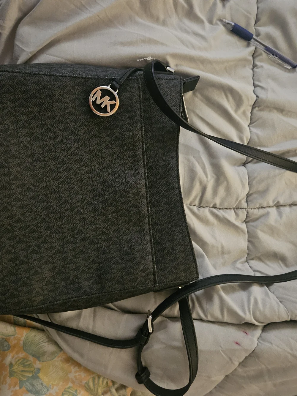 Michael Kors Black Monogram Crossbody Tote with MK Charm